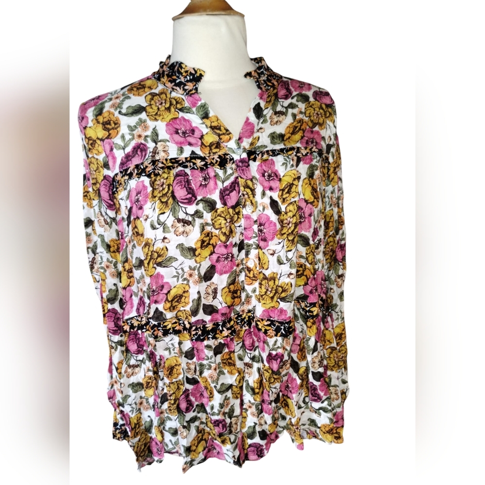 Jane And Delancy NWT Floral Women's Top - Pink and Yellow, Hi Low, Ruffled